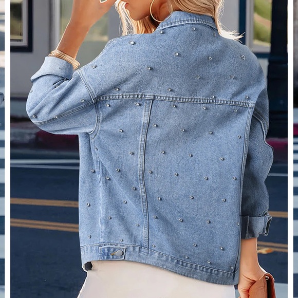 Women's Light Blue Denim Jacket with Rhinestone Stud Details - Picture 3 of 15